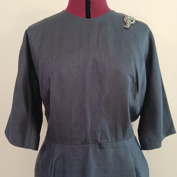 Vintage 1960s A Mendel Creation Size 20 Round Neck 3/4 Sleeve Blue Sheath Dress - Picture 3 of 11